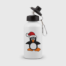 Бутылка спортивная с принтом Новогодний пингвин. в Тюмени, металл | емкость — 500 мл, в комплекте две пластиковые крышки и карабин для крепления | Тематика изображения на принте: пингвин