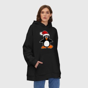Худи SuperOversize хлопок с принтом Новогодний пингвин. в Тюмени, 70% хлопок, 30% полиэстер, мягкий начес внутри | карман-кенгуру, эластичная резинка на манжетах и по нижней кромке, двухслойный капюшон
 | пингвин