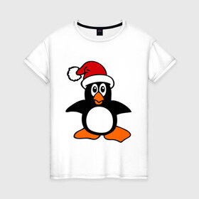 Женская футболка хлопок с принтом Новогодний пингвин. в Тюмени, 100% хлопок | прямой крой, круглый вырез горловины, длина до линии бедер, слегка спущенное плечо | Тематика изображения на принте: пингвин