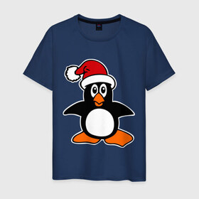 Мужская футболка хлопок с принтом Новогодний пингвин. в Тюмени, 100% хлопок | прямой крой, круглый вырез горловины, длина до линии бедер, слегка спущенное плечо. | пингвин