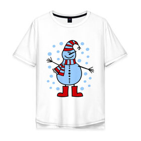 Мужская футболка хлопок Oversize с принтом Веселый снеговик в Тюмени, 100% хлопок | свободный крой, круглый ворот, “спинка” длиннее передней части | веселый снеговик | зима | новый год | снег | снеговик | снежинки