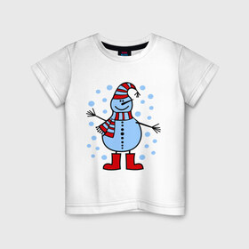 Детская футболка хлопок с принтом Веселый снеговик в Тюмени, 100% хлопок | круглый вырез горловины, полуприлегающий силуэт, длина до линии бедер | веселый снеговик | зима | новый год | снег | снеговик | снежинки