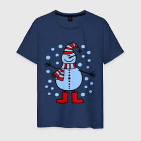 Мужская футболка хлопок с принтом Веселый снеговик в Тюмени, 100% хлопок | прямой крой, круглый вырез горловины, длина до линии бедер, слегка спущенное плечо. | веселый снеговик | зима | новый год | снег | снеговик | снежинки