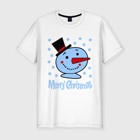 Мужская футболка премиум с принтом Merry christmas в Тюмени, 92% хлопок, 8% лайкра | приталенный силуэт, круглый вырез ворота, длина до линии бедра, короткий рукав | 2014 | merry christmas | зима | новый год | с новым годом | с рождеством | снег | снеговик