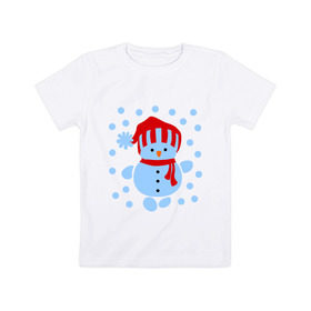 Детская футболка хлопок с принтом Снеговик и снегопад в Тюмени, 100% хлопок | круглый вырез горловины, полуприлегающий силуэт, длина до линии бедер | Тематика изображения на принте: новый год | подарок | снег | снеговик | снеговичок | снежок