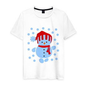 Мужская футболка хлопок с принтом Снеговик и снегопад в Тюмени, 100% хлопок | прямой крой, круглый вырез горловины, длина до линии бедер, слегка спущенное плечо. | новый год | подарок | снег | снеговик | снеговичок | снежок