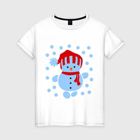 Женская футболка хлопок с принтом Снеговик и снегопад в Тюмени, 100% хлопок | прямой крой, круглый вырез горловины, длина до линии бедер, слегка спущенное плечо | Тематика изображения на принте: новый год | подарок | снег | снеговик | снеговичок | снежок