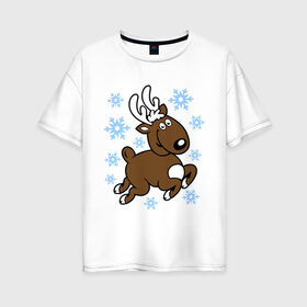 Женская футболка хлопок Oversize с принтом Олень и снежинки. в Тюмени, 100% хлопок | свободный крой, круглый ворот, спущенный рукав, длина до линии бедер
 | новогодние подарки | новый год | олененок | олень | подарок на новый год | снежинки