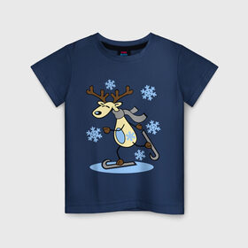 Детская футболка хлопок с принтом Олень на лыжах. в Тюмени, 100% хлопок | круглый вырез горловины, полуприлегающий силуэт, длина до линии бедер | Тематика изображения на принте: лыжи | новогодние подарки | новый год | олененок | олень | подарок на новый год