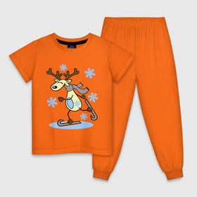 Детская пижама хлопок с принтом Олень на лыжах. в Тюмени, 100% хлопок |  брюки и футболка прямого кроя, без карманов, на брюках мягкая резинка на поясе и по низу штанин
 | Тематика изображения на принте: лыжи | новогодние подарки | новый год | олененок | олень | подарок на новый год