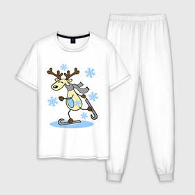 Мужская пижама хлопок с принтом Олень на лыжах. в Тюмени, 100% хлопок | брюки и футболка прямого кроя, без карманов, на брюках мягкая резинка на поясе и по низу штанин
 | лыжи | новогодние подарки | новый год | олененок | олень | подарок на новый год