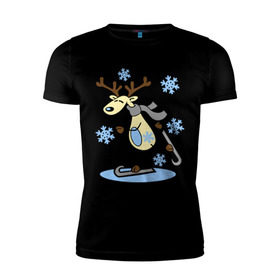 Мужская футболка премиум с принтом Олень на лыжах. в Тюмени, 92% хлопок, 8% лайкра | приталенный силуэт, круглый вырез ворота, длина до линии бедра, короткий рукав | лыжи | новогодние подарки | новый год | олененок | олень | подарок на новый год