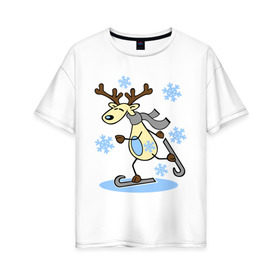 Женская футболка хлопок Oversize с принтом Олень на лыжах. в Тюмени, 100% хлопок | свободный крой, круглый ворот, спущенный рукав, длина до линии бедер
 | лыжи | новогодние подарки | новый год | олененок | олень | подарок на новый год