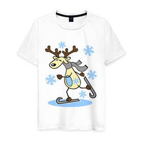 Мужская футболка хлопок с принтом Олень на лыжах. в Тюмени, 100% хлопок | прямой крой, круглый вырез горловины, длина до линии бедер, слегка спущенное плечо. | лыжи | новогодние подарки | новый год | олененок | олень | подарок на новый год