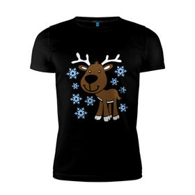 Мужская футболка премиум с принтом Олень в снегу. в Тюмени, 92% хлопок, 8% лайкра | приталенный силуэт, круглый вырез ворота, длина до линии бедра, короткий рукав | новогодний подарок | новый год | олень | с новым годом | снег | снежинки