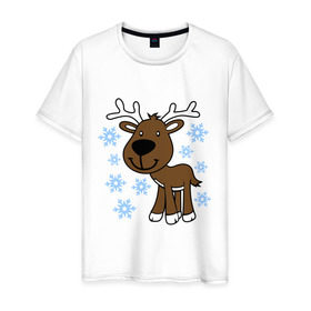 Мужская футболка хлопок с принтом Олень в снегу. в Тюмени, 100% хлопок | прямой крой, круглый вырез горловины, длина до линии бедер, слегка спущенное плечо. | новогодний подарок | новый год | олень | с новым годом | снег | снежинки