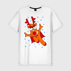 Мужская футболка премиум с принтом Новогодний олень в Тюмени, 92% хлопок, 8% лайкра | приталенный силуэт, круглый вырез ворота, длина до линии бедра, короткий рукав | новогодний подарок | новый год | олень | с новым годом | снег | снежинки