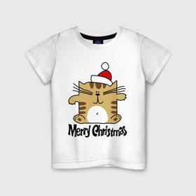 Детская футболка хлопок с принтом Квадратный кот в Тюмени, 100% хлопок | круглый вырез горловины, полуприлегающий силуэт, длина до линии бедер | merry christmas | кот | новогодний колпак | новогодний подарок | новый год | с новым годом