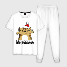 Мужская пижама хлопок с принтом Квадратный кот в Тюмени, 100% хлопок | брюки и футболка прямого кроя, без карманов, на брюках мягкая резинка на поясе и по низу штанин
 | merry christmas | кот | новогодний колпак | новогодний подарок | новый год | с новым годом