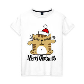 Женская футболка хлопок с принтом Квадратный кот в Тюмени, 100% хлопок | прямой крой, круглый вырез горловины, длина до линии бедер, слегка спущенное плечо | merry christmas | кот | новогодний колпак | новогодний подарок | новый год | с новым годом