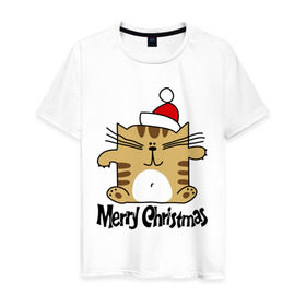 Мужская футболка хлопок с принтом Квадратный кот в Тюмени, 100% хлопок | прямой крой, круглый вырез горловины, длина до линии бедер, слегка спущенное плечо. | Тематика изображения на принте: merry christmas | кот | новогодний колпак | новогодний подарок | новый год | с новым годом