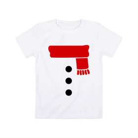 Детская футболка хлопок с принтом Снеговик, пуговицы и шарф в Тюмени, 100% хлопок | круглый вырез горловины, полуприлегающий силуэт, длина до линии бедер | новогодние подарки | новогодний подарок | новый год | снег | снеговик | шарф