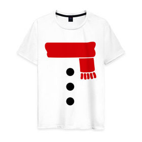 Мужская футболка хлопок с принтом Снеговик, пуговицы и шарф в Тюмени, 100% хлопок | прямой крой, круглый вырез горловины, длина до линии бедер, слегка спущенное плечо. | Тематика изображения на принте: новогодние подарки | новогодний подарок | новый год | снег | снеговик | шарф