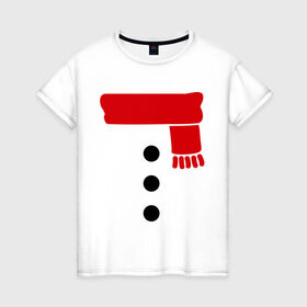 Женская футболка хлопок с принтом Снеговик, пуговицы и шарф в Тюмени, 100% хлопок | прямой крой, круглый вырез горловины, длина до линии бедер, слегка спущенное плечо | новогодние подарки | новогодний подарок | новый год | снег | снеговик | шарф