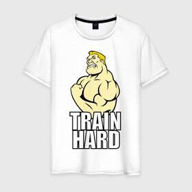 Мужская футболка хлопок с принтом Train hard (тренируйся усердно) в Тюмени, 100% хлопок | прямой крой, круглый вырез горловины, длина до линии бедер, слегка спущенное плечо. | 