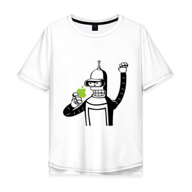 Мужская футболка хлопок Oversize с принтом Бендер и яблоко в Тюмени, 100% хлопок | свободный крой, круглый ворот, “спинка” длиннее передней части | bender | futurama fans | futurama t shirt | newtop | robot | toplanding | uturama | бендер | бендер и яблоко | выше нос | мультики | мультфильмы | робот | фрукт | футурама