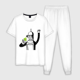 Мужская пижама хлопок с принтом Бендер и яблоко в Тюмени, 100% хлопок | брюки и футболка прямого кроя, без карманов, на брюках мягкая резинка на поясе и по низу штанин
 | bender | futurama fans | futurama t shirt | newtop | robot | toplanding | uturama | бендер | бендер и яблоко | выше нос | мультики | мультфильмы | робот | фрукт | футурама