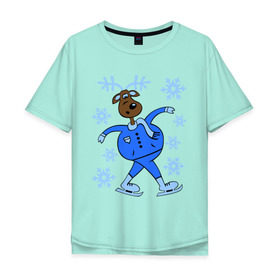Мужская футболка хлопок Oversize с принтом Олень на коньках в Тюмени, 100% хлопок | свободный крой, круглый ворот, “спинка” длиннее передней части | коньки | новогодний подарок | олень | олень и снег | олень на коньках | с новым годом | снежинки