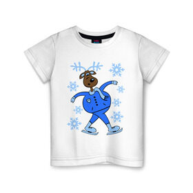 Детская футболка хлопок с принтом Олень на коньках в Тюмени, 100% хлопок | круглый вырез горловины, полуприлегающий силуэт, длина до линии бедер | Тематика изображения на принте: коньки | новогодний подарок | олень | олень и снег | олень на коньках | с новым годом | снежинки