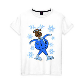 Женская футболка хлопок с принтом Олень на коньках в Тюмени, 100% хлопок | прямой крой, круглый вырез горловины, длина до линии бедер, слегка спущенное плечо | коньки | новогодний подарок | олень | олень и снег | олень на коньках | с новым годом | снежинки