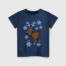 Детская футболка хлопок с принтом Олень и снег в Тюмени, 100% хлопок | круглый вырез горловины, полуприлегающий силуэт, длина до линии бедер | 2014 год | новогодний подарок | новый год | олень | олень и снег | с новым годом | снег | снежинки
