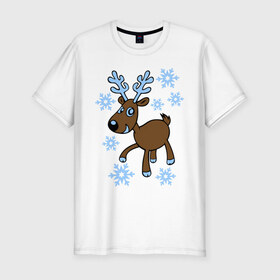 Мужская футболка премиум с принтом Олень и снег в Тюмени, 92% хлопок, 8% лайкра | приталенный силуэт, круглый вырез ворота, длина до линии бедра, короткий рукав | 2014 год | новогодний подарок | новый год | олень | олень и снег | с новым годом | снег | снежинки