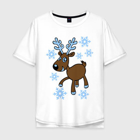 Мужская футболка хлопок Oversize с принтом Олень и снег в Тюмени, 100% хлопок | свободный крой, круглый ворот, “спинка” длиннее передней части | 2014 год | новогодний подарок | новый год | олень | олень и снег | с новым годом | снег | снежинки