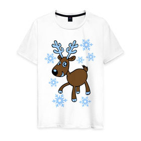 Мужская футболка хлопок с принтом Олень и снег в Тюмени, 100% хлопок | прямой крой, круглый вырез горловины, длина до линии бедер, слегка спущенное плечо. | 2014 год | новогодний подарок | новый год | олень | олень и снег | с новым годом | снег | снежинки
