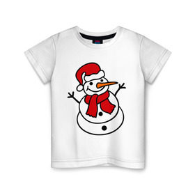 Детская футболка хлопок с принтом Снеговик в Тюмени, 100% хлопок | круглый вырез горловины, полуприлегающий силуэт, длина до линии бедер | Тематика изображения на принте: 2014 | веселый снеговик | зима | снег | снеговик | снеговикновый год | снежинки
