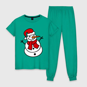 Женская пижама хлопок с принтом Снеговик в Тюмени, 100% хлопок | брюки и футболка прямого кроя, без карманов, на брюках мягкая резинка на поясе и по низу штанин | 2014 | веселый снеговик | зима | снег | снеговик | снеговикновый год | снежинки