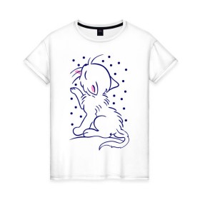 Женская футболка хлопок с принтом Кошечка и снег в Тюмени, 100% хлопок | прямой крой, круглый вырез горловины, длина до линии бедер, слегка спущенное плечо | киска | котейка | котенок ловит снег | котеночек | котэ | кошечка | кошка | снег | снежинки | снежок