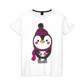 Женская футболка хлопок с принтом Пингвин в валенках в Тюмени, 100% хлопок | прямой крой, круглый вырез горловины, длина до линии бедер, слегка спущенное плечо | merry christmas | в шапке | валенки | новогодний подарки | новый год | пингвиненок | пингвинчик | с новым годом | шапка | шарф