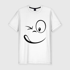 Мужская футболка премиум с принтом Смайл подмигивает в Тюмени, 92% хлопок, 8% лайкра | приталенный силуэт, круглый вырез ворота, длина до линии бедра, короткий рукав | глаз | лицо | подмигивает | смайл | смайлик | упс | шок