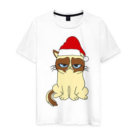 Мужская футболка хлопок с принтом Угрюмый новогодний кот в Тюмени, 100% хлопок | прямой крой, круглый вырез горловины, длина до линии бедер, слегка спущенное плечо. | Тематика изображения на принте: кот | котик | котя | новый год | новый год 2014 | угрюмый новогодний кот