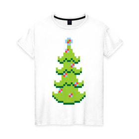 Женская футболка хлопок с принтом Пиксельная елка в Тюмени, 100% хлопок | прямой крой, круглый вырез горловины, длина до линии бедер, слегка спущенное плечо | 8 bit | елочка | ель | новогодняя елка | пиксели | пиксельный | с новым годом | с рождеством