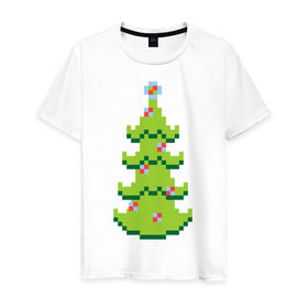 Мужская футболка хлопок с принтом Пиксельная елка в Тюмени, 100% хлопок | прямой крой, круглый вырез горловины, длина до линии бедер, слегка спущенное плечо. | 8 bit | елочка | ель | новогодняя елка | пиксели | пиксельный | с новым годом | с рождеством
