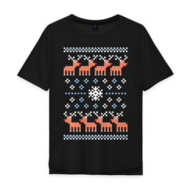 Мужская футболка хлопок Oversize с принтом Узор из оленей в Тюмени, 100% хлопок | свободный крой, круглый ворот, “спинка” длиннее передней части | 8 bit | merry christmas | новогодний | новогодняя | олени | орнамент | пиксели | пиксельный узор | подарки | подарок на новый год | рождество | с новым годом | с рождеством | санта клаус