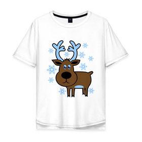 Мужская футболка хлопок Oversize с принтом Олень и снежинки в Тюмени, 100% хлопок | свободный крой, круглый ворот, “спинка” длиннее передней части | новогодний подарок | новый год | олень | олень и снижинки | с новым годом | снег | снежинки