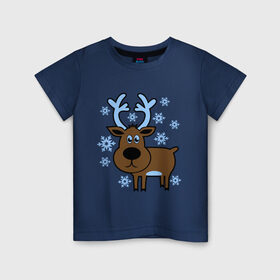Детская футболка хлопок с принтом Олень и снежинки в Тюмени, 100% хлопок | круглый вырез горловины, полуприлегающий силуэт, длина до линии бедер | новогодний подарок | новый год | олень | олень и снижинки | с новым годом | снег | снежинки