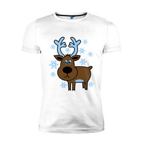Мужская футболка премиум с принтом Олень и снежинки в Тюмени, 92% хлопок, 8% лайкра | приталенный силуэт, круглый вырез ворота, длина до линии бедра, короткий рукав | новогодний подарок | новый год | олень | олень и снижинки | с новым годом | снег | снежинки
